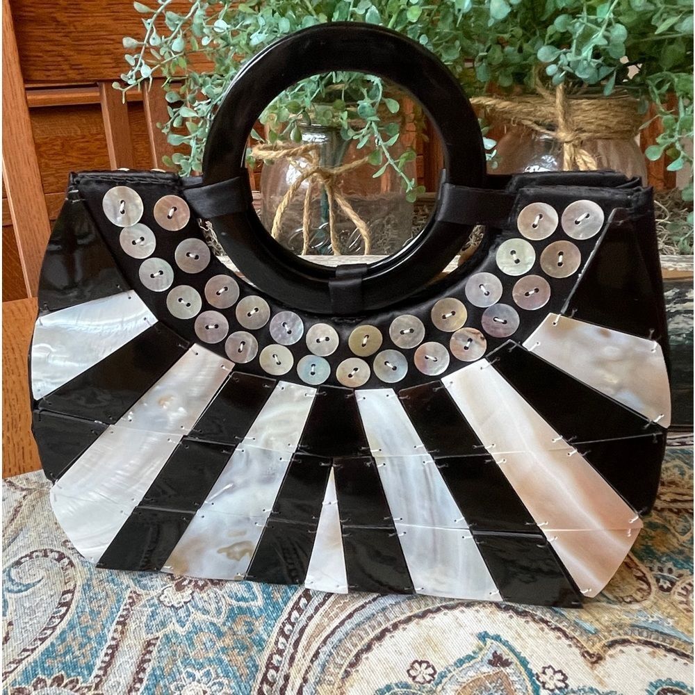 Mad By Design Mother Of Pearl And Natural Horn Statement Handbag Art Deco Fan